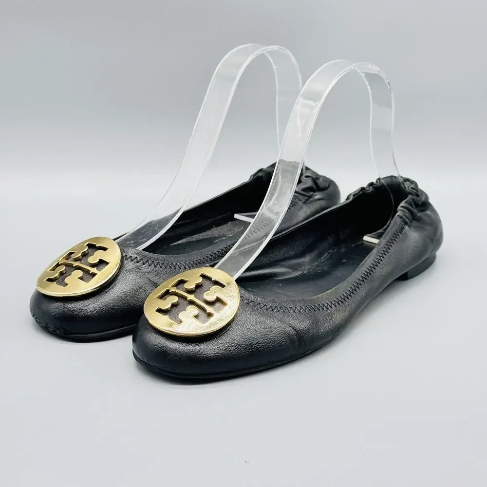 Tory Burch Shoes Women 7.5 Black Leather Ballet Flats Gold Medallion Logo Travel